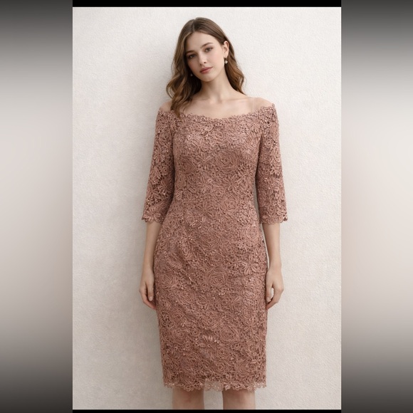 Social Occasions by Mon Cheri Rose Lace 3/4 length sleeves Dress
